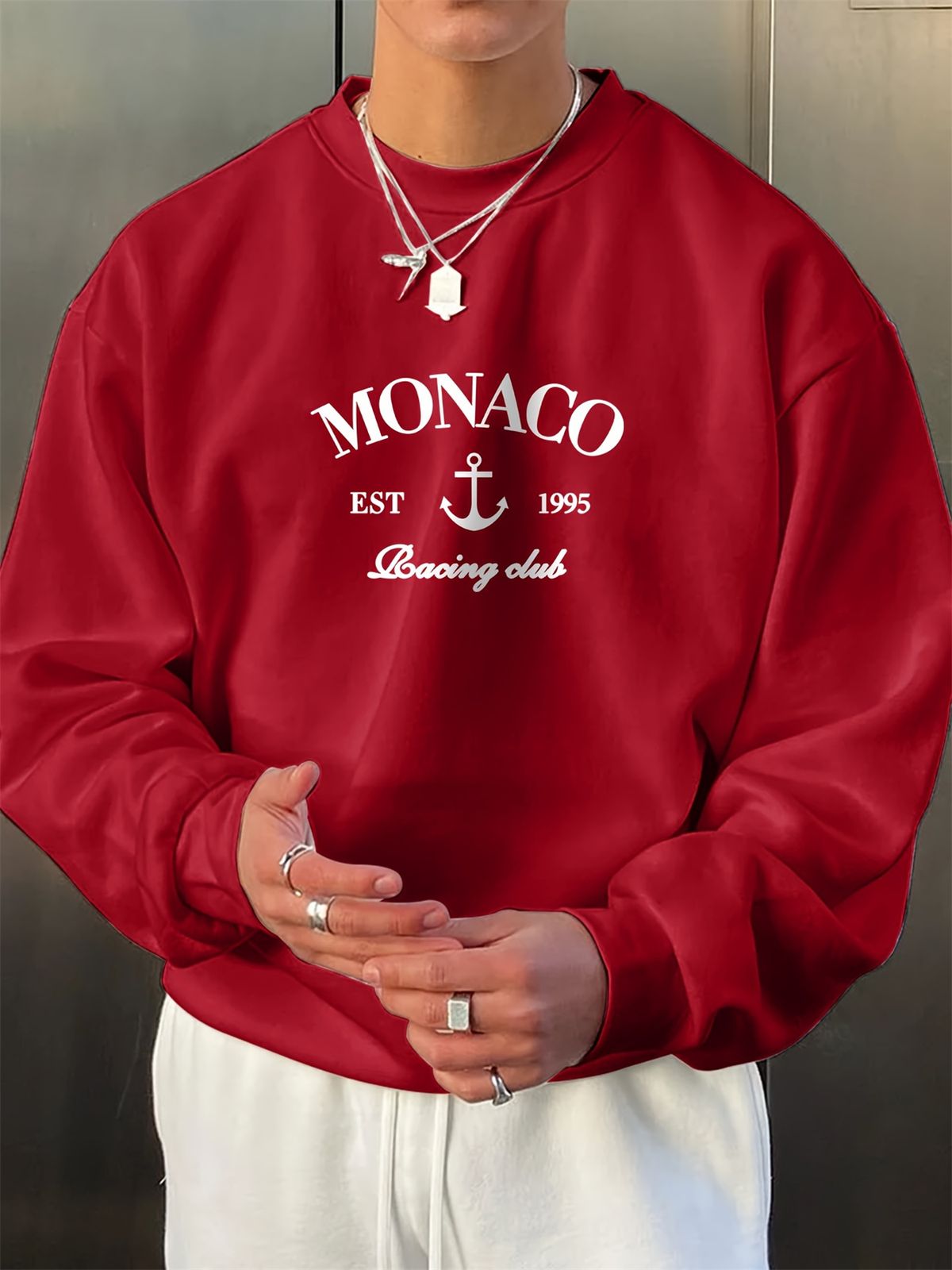 Spring And Autumn Men's Casual Loose Simple Fashion Monaco Letter Print Round Neck Long Sleeve Hoodie_viptrois.com