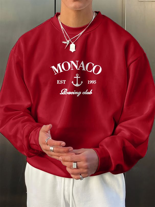 Spring And Autumn Men's Casual Loose Simple Fashion Monaco Letter Print Round Neck Long Sleeve Hoodie_viptrois.com