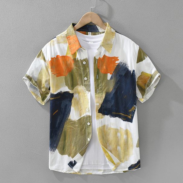 Printed Fresh Short Sleeved Shirt For Men, Fashionable And Versatile, Artistic And Casual Loose Top_viptrois.com