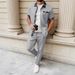Men's Casual Suit Short Sleeved Pocket Cardigan Shirt And Trousers Waffle Plaid Color Blocked_viptrois.com