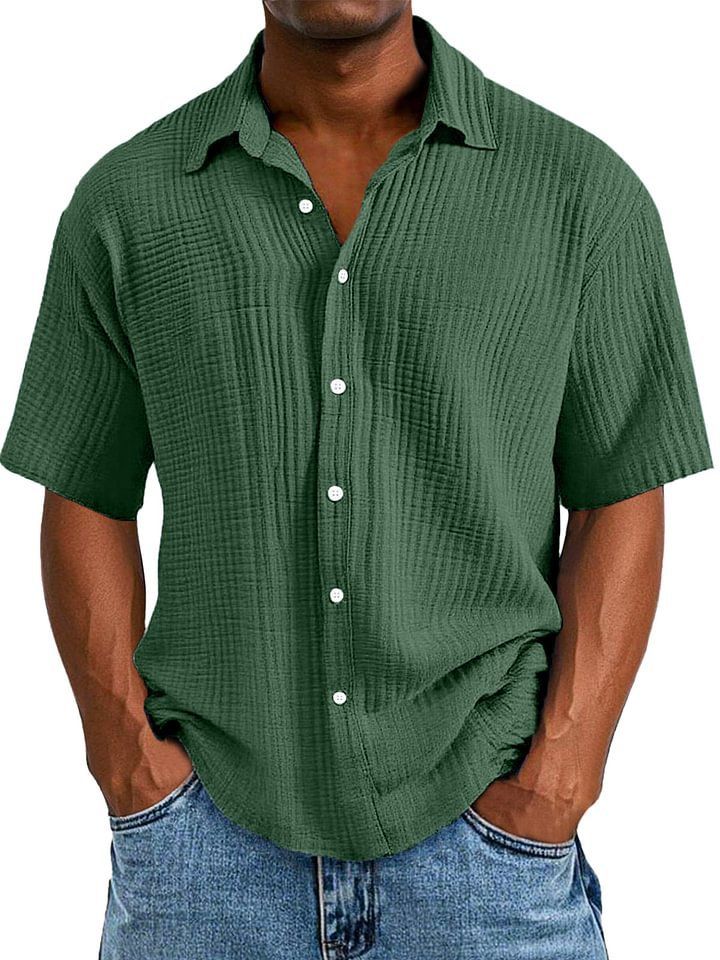 Men's Clothing Fashion Trend Printing Casual Slim Lapel Short Sleeved Waffle Shirt_viptrois.com