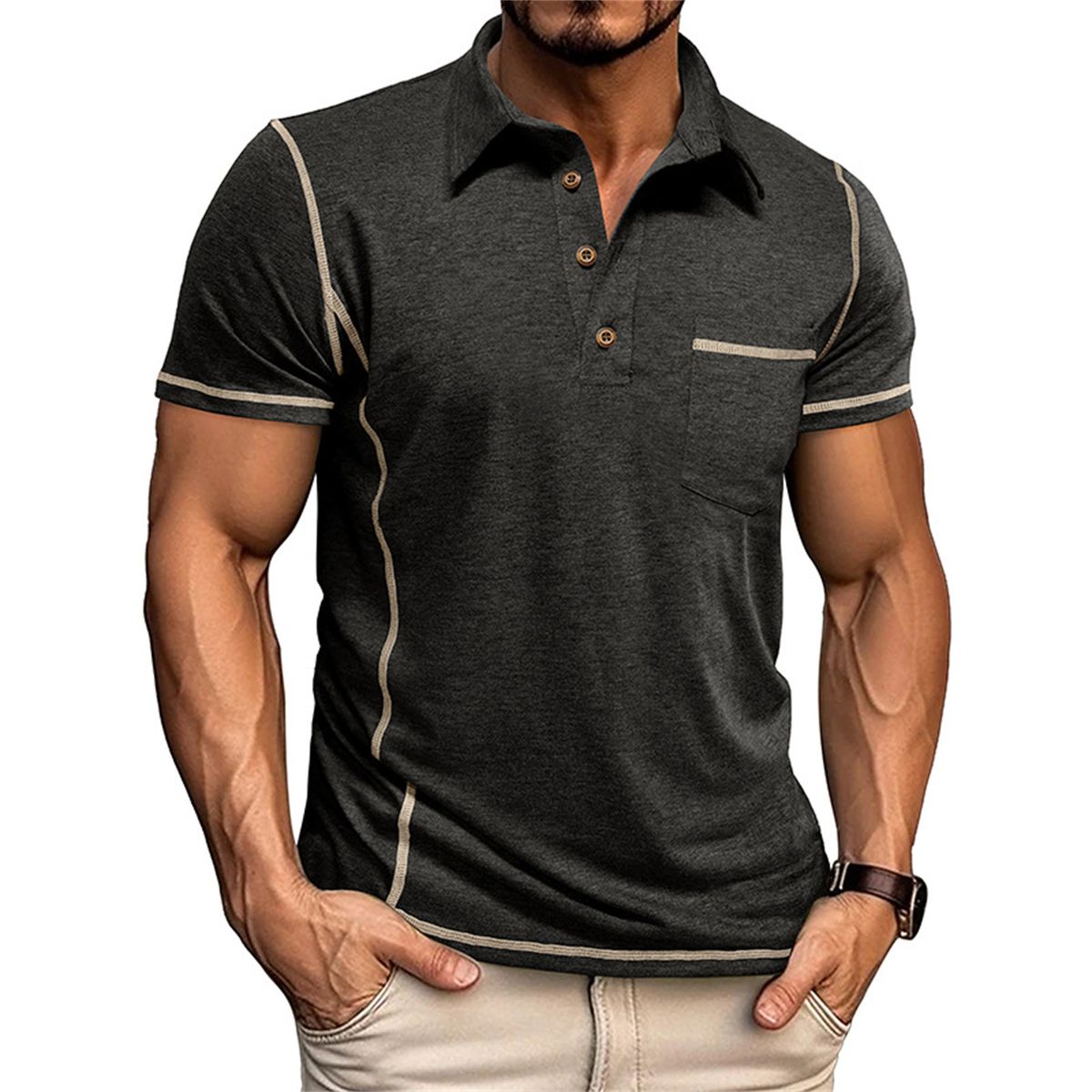 Men's Clothing Summer Men's Short Sleeved Lapel Solid Color Casual Men's Polo Shirt_viptrois.com