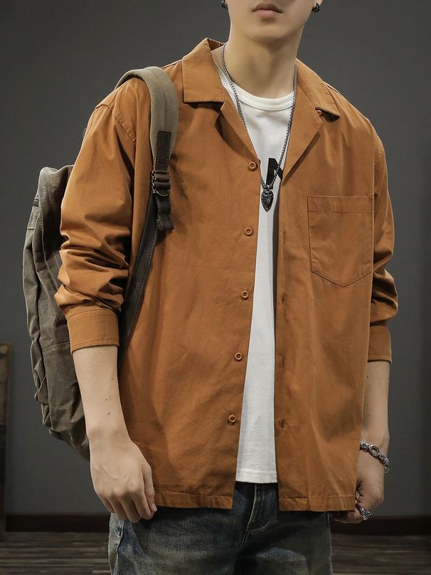 Loom Autumn Winter Trendy Brand Cuban Collar Casual Men American Retro Pure Cotton Long Sleeve Shirt Loose Simple Solid Color_viptrois.com