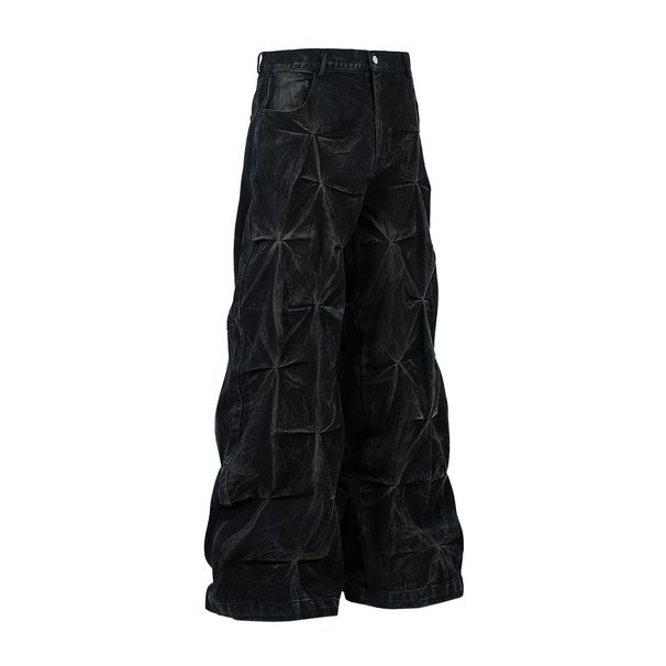 Men's Clothing High Street Shaped Pleated Washed Jeans RO Style Wide Leg Trousers_viptrois.com