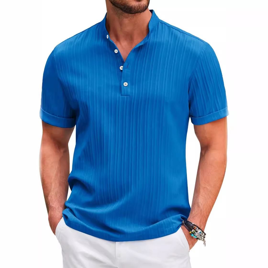 Men's Clothing New Men's Retro Cotton And Linen Striped Henry Shirt Casual Loose Shirt_viptrois.com