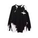 Men's Distressed Knit Sweater With Fringe & Patchwork Design - Oversized Unisex Pullover, Trendy High Street Style For Fall & Winter_viptrois.com