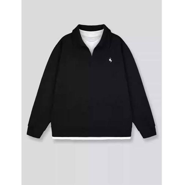 Men's Clothing 2026 Spring/Autumn New Style Faux Two-Piece Pony Embroidered Waffle Casual Collar Sweatshirt_viptrois.com