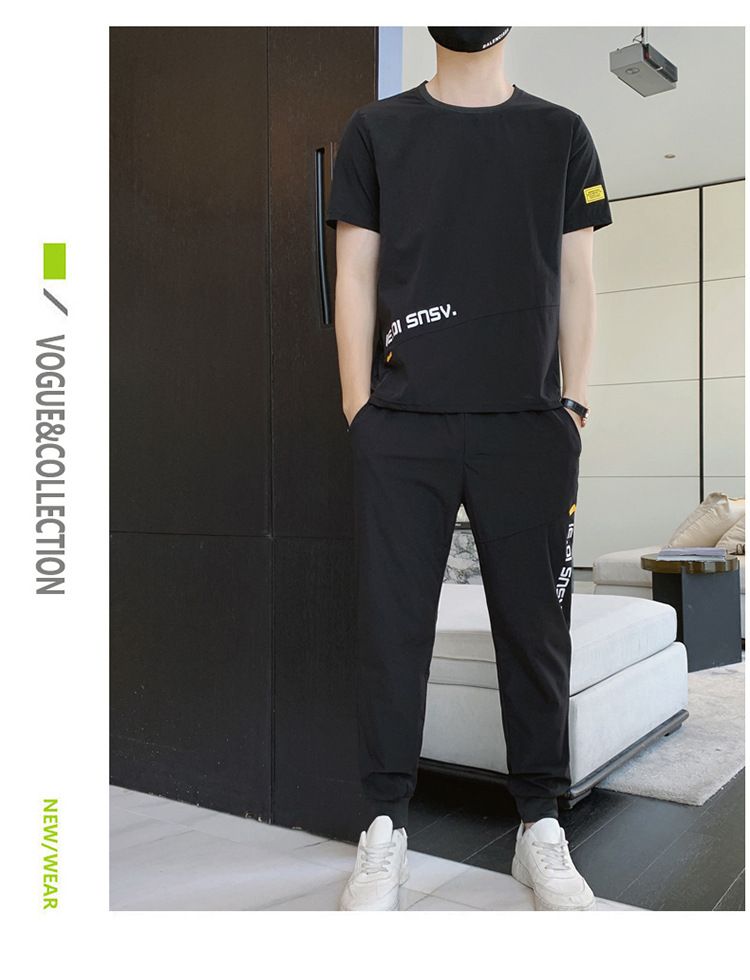 Men's Clothing Men's Ice Silk Short Sleeved Suit Sports Casual Trendy Set T-Shirt And Trousers For Formal & Casual_viptrois.com