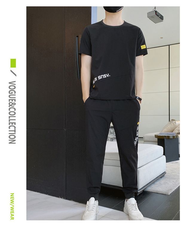 Men's Clothing Men's Ice Silk Short Sleeved Suit Sports Casual Trendy Set T-Shirt And Trousers For Formal & Casual_viptrois.com
