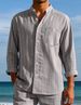 Men's Linen Fashion Shirt Striped Stand Collar Loose Casual Short Sleeve Breathable Summer Black Blue Khaki_viptrois.com
