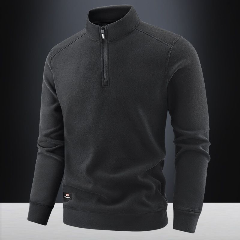 Men’s Fleece-Lined Stand Collar Half-Zip Sweater – Thickened Winter Knit Pullover, Anti-Pilling & Machine Washable (Minimalist Badge Detail)_viptrois.com