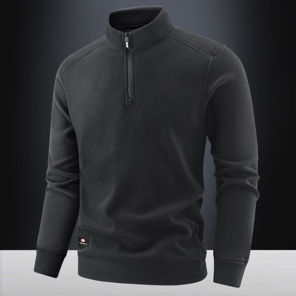 Men’s Fleece-Lined Stand Collar Half-Zip Sweater – Thickened Winter Knit Pullover, Anti-Pilling & Machine Washable (Minimalist Badge Detail)_viptrois.com