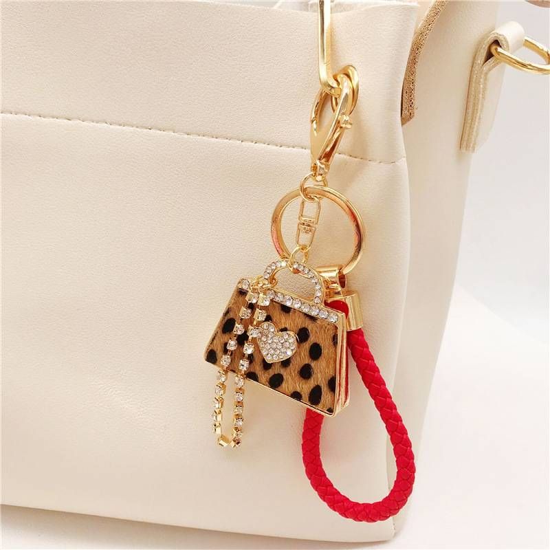 Bag Charms Genuine Leather Rhinestone Leopard Print Car Keychain Female Korean Creative Bag Pendant Metal Key Chain Ring Gift_viptrois.com