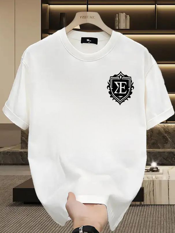 Men's 100% Cotton Short Sleeve Tee, Ornate Shield XE Monogram Logo, Loose Fit, Trendy Niche High Street Summer Casual Top_viptrois.com