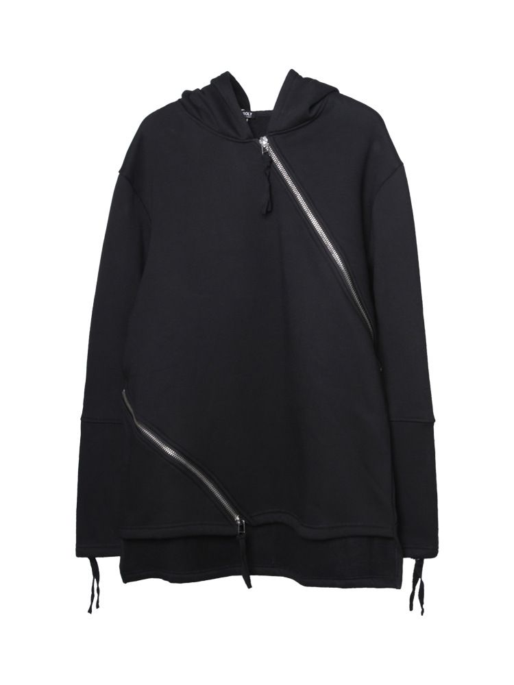 Dark Aesthetic Men's Hooded Zip-Up Sweatshirt With Asymmetrical Design, Fleece-Lined, Oversized Fit, Streetwear Fashion_viptrois.com