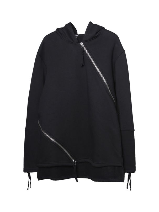 Dark Aesthetic Men's Hooded Zip-Up Sweatshirt With Asymmetrical Design, Fleece-Lined, Oversized Fit, Streetwear Fashion_viptrois.com