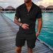 Men's Clothing New Summer Solid Color Jacquard Short Sleeve Men's Fashion Casual Lapel Suit_viptrois.com