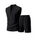 Men's Linen Short Sleeve Shirt And Shorts Set, Breathable Summer Outfit, Medieval Style Drawstring Waist, Loose Fit Vacation Loungewear_viptrois.com