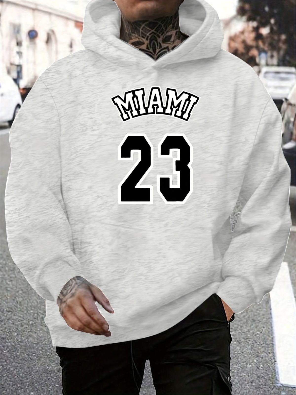 Men's Autumn And Winter Casual Fashionable Loose Hooded Sweatshirt MIAMI 23 Letter Pattern Printed Warm Long Sleeved Pullover_viptrois.com