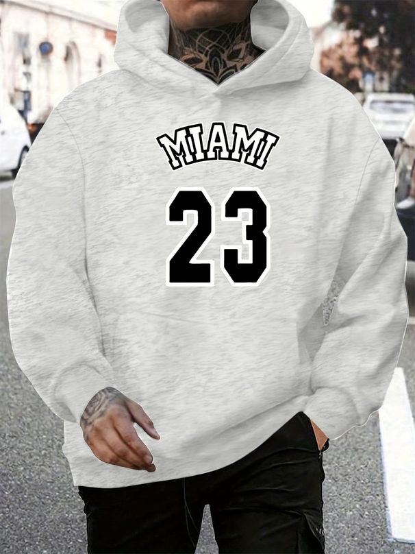 Men's Autumn And Winter Casual Fashionable Loose Hooded Sweatshirt MIAMI 23 Letter Pattern Printed Warm Long Sleeved Pullover_viptrois.com