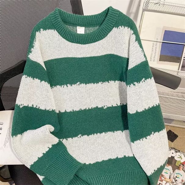 Men's Clothing Women's Round Neck Cutout Striped Sweater Autumn Thin Knit Base Layer Top Loose Fit Short For Formal & Casual_viptrois.com