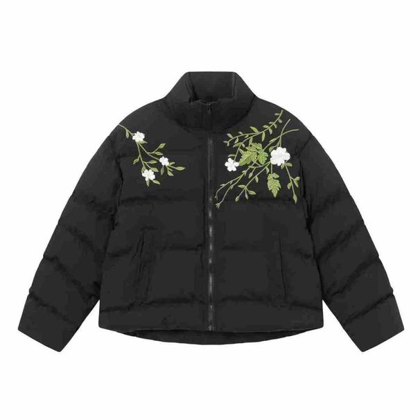 American Street Floral Wreath Print Text Zipper Puffer Jacket For Men, Niche Design, Ins Style Cotton Coat Trend_viptrois.com