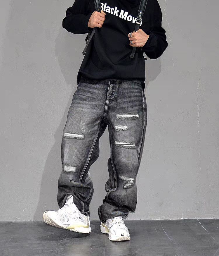 Cross-border Distressed Ripped Jeans For Men, Straight Loose Fit, Slimming, Slightly Flared Wide-leg Pants, Summer_viptrois.com