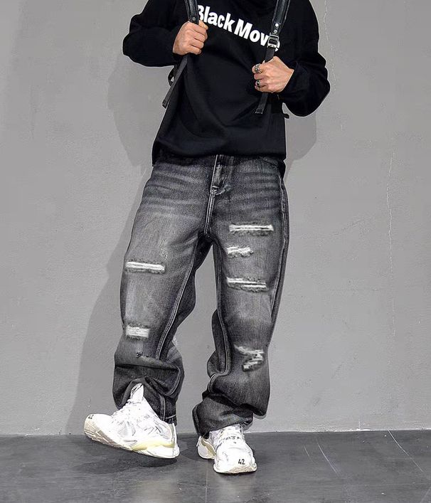 Cross-border Distressed Ripped Jeans For Men, Straight Loose Fit, Slimming, Slightly Flared Wide-leg Pants, Summer_viptrois.com