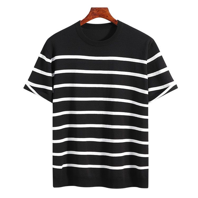 Striped Knit Tee (67.6% Viscose + 32.4% Polyester, Breathable, Colorfast, Slim Fit, Ribbed Hem, Minimalist Everyday Essential)_viptrois.com