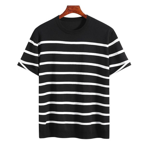 Striped Knit Tee (67.6% Viscose + 32.4% Polyester, Breathable, Colorfast, Slim Fit, Ribbed Hem, Minimalist Everyday Essential)_viptrois.com
