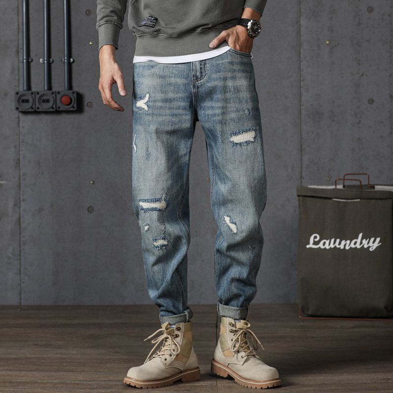 Men'S Heavy Duty Washed Vintage Patch Ripped Jeans_viptrois.com