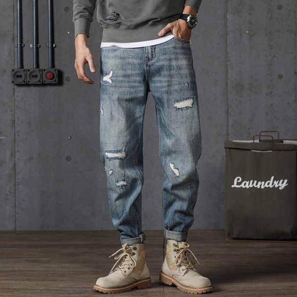 Men'S Heavy Duty Washed Vintage Patch Ripped Jeans_viptrois.com