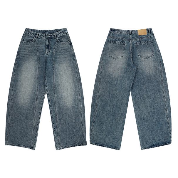 Men's Clothing American High Street Wide Leg Curved Jeans Men's Washed Wide Leg Distressed Banana Pants Straight Leg Pants_viptrois.com
