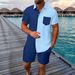 Summer Men's Hawaiian Jacquard Color-blocked Pocket Short-sleeved Shirt, Shorts, Lapel Shirt Casual Set For Foreign Trade_viptrois.com