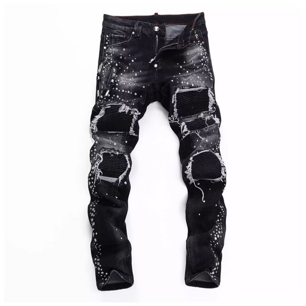 Trendy Brand Personalized Letter Print Jeans For Men, High End Heat Pressed Slim Fit Skinny Jeans, European Style Trendy Autumn And Winter Trousers_viptrois.com