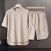 Men's Clothing Summer fashion brand new short sleeved T suit men's loose large size shorts set advanced handsome waffle two piece suit_viptrois.com