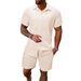 Summer Jacquard Black White Solid Color Men's Suit Short Sleeve Vacation Casual Shirt And Shorts Two-Piece Set_viptrois.com