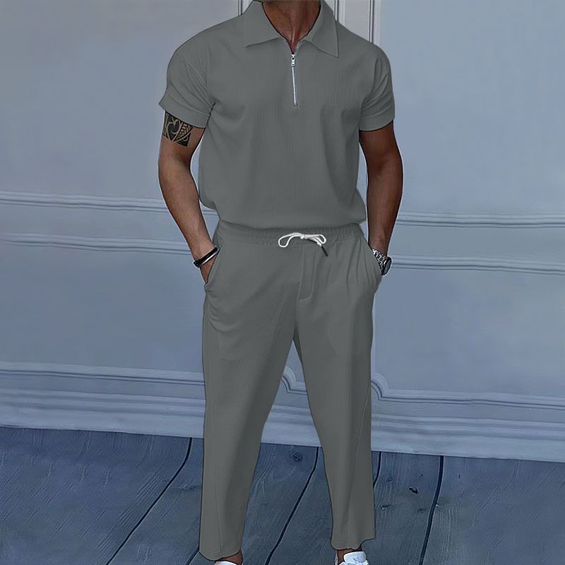 Men's Clothing 25 Summer New Large Size Men's Solid Color Suit Lapel Short Sleeve Zipper Trousers Suit Spot_viptrois.com