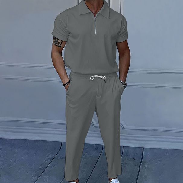 Men's Clothing 25 Summer New Large Size Men's Solid Color Suit Lapel Short Sleeve Zipper Trousers Suit Spot_viptrois.com