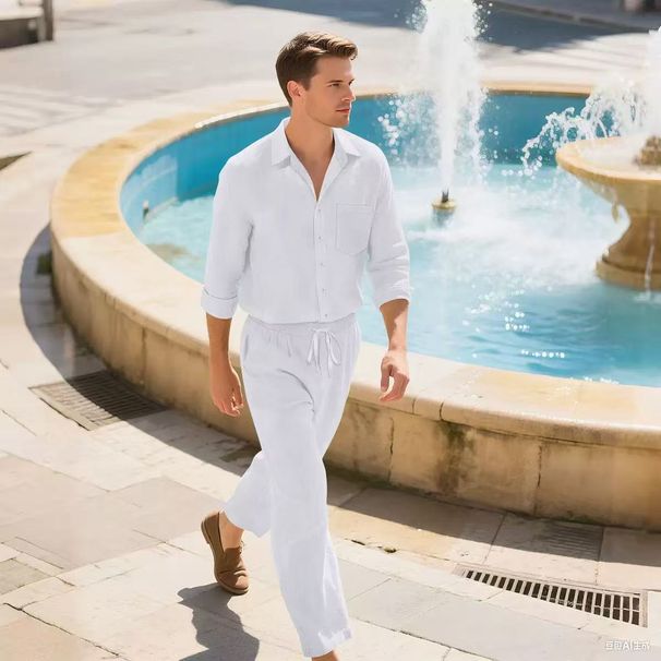 Cross-Border European And American New Linen Long-Sleeve Long Pants Button Turn-Down Collar Shirt Casual Beach Men's Set_viptrois.com