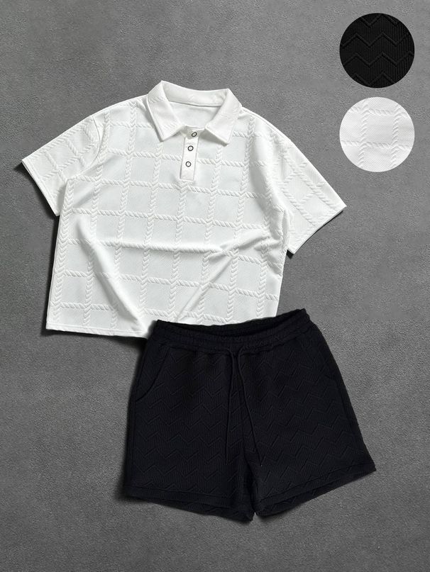 Men's Clothing Textured Set New Cross Border Style Lapel Everyday Versatile Set, Breathable Textured Embossed Polo Set, Short Sleeved +_viptrois.com