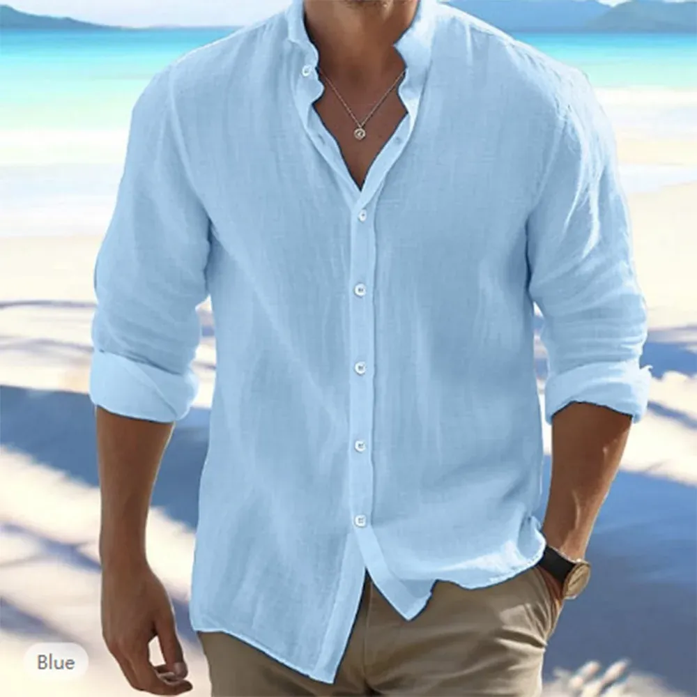 Long Sleeve Cotton Linen Summer Hot Sale Beach Style Shirts Solid Color Casual Versatile Stand Collar Shirt Men's Top_viptrois.com