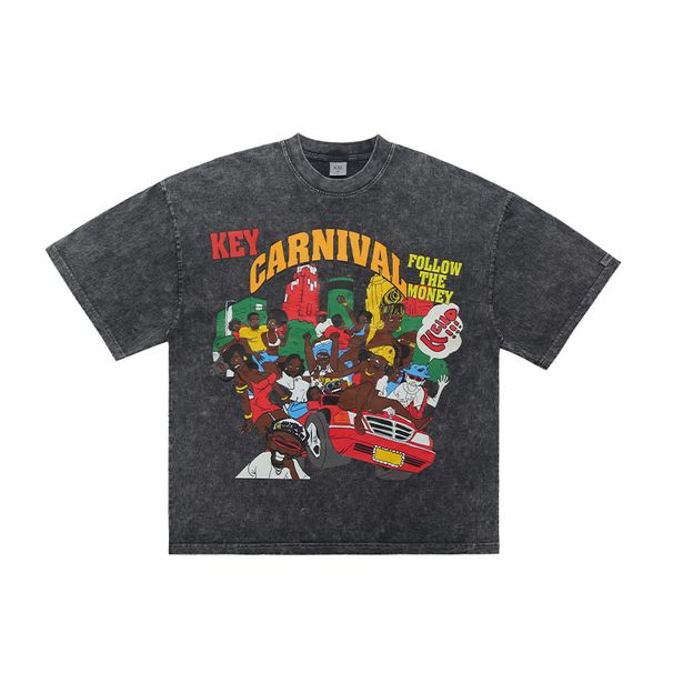 American Style Washed Vintage Printed Cotton Short Sleeve T-Shirt Unisex Street Loose Trendy Brand Couple_viptrois.com
