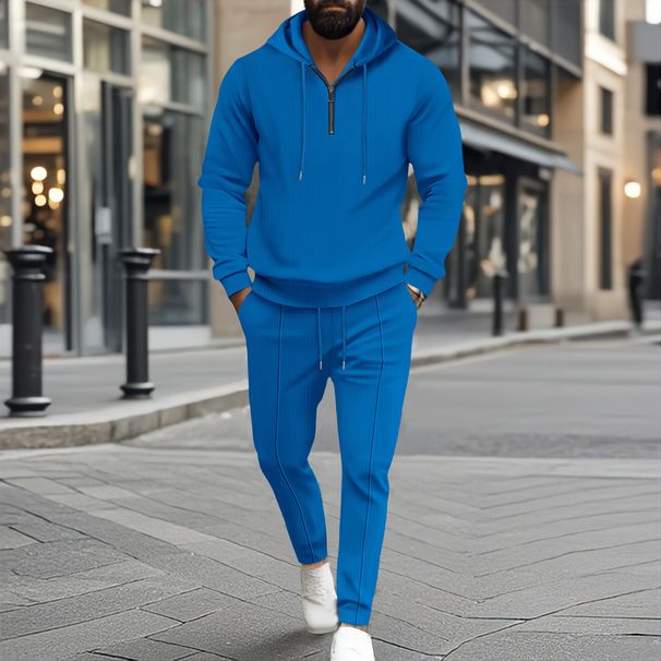 Men's Waffle-Knit Hoodie & Jogger Set – Lightweight Zip-Up Loungewear (S-3XL) | Breathable Polyester For Casual & Sporty Style_viptrois.com