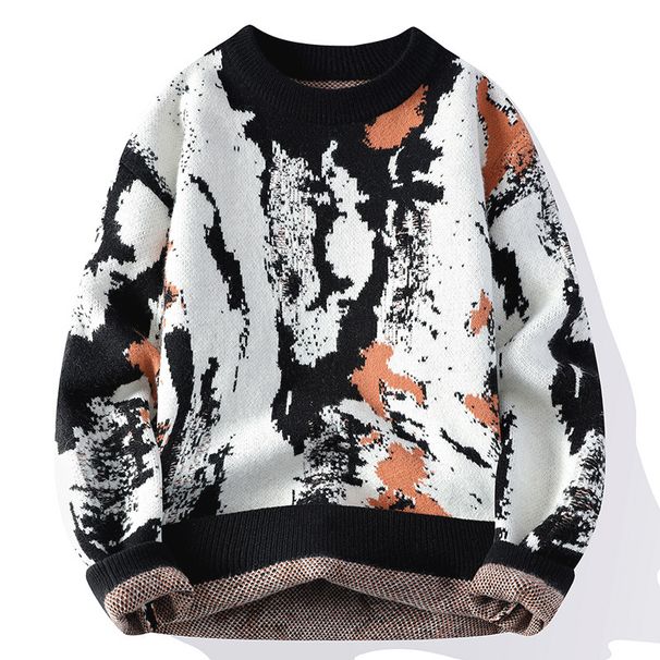 Men's Classic Round Neck Sweater - Thick Knit Pullover For Teens & Adults (White/Black/Bluish, M-3XL, Polyester Blend, Machine Washable)_viptrois.com