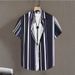 Men's Stylish 3D Digital Print Short Sleeve Shirt, Trendy Striped Casual Shirt For Summer, Comfortable & Breathable Fabric _viptrois.com