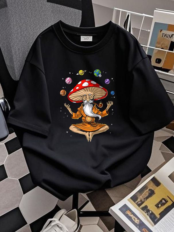 Mushroom Buddha Zen Yoga Meditation Psychedelic Hippie Fungi T Shirt Size S-5XL Soft Unisex Breathable Versatile Graphic Fashion Streetwear Homme_viptrois.com
