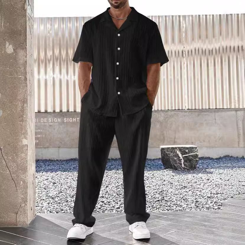 New Men's Commuter Suit Casual Button Up Shirt Short Sleeve Pants Men's Everyday Wear_viptrois.com