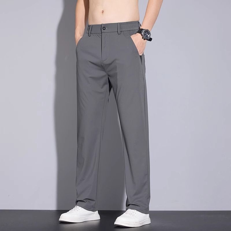 Men's Slim Fit Straight Leg Casual Pants Ultra Thin High Elasticity Quick Drying Ice Silk Business Dress Long Trousers Summer_viptrois.com