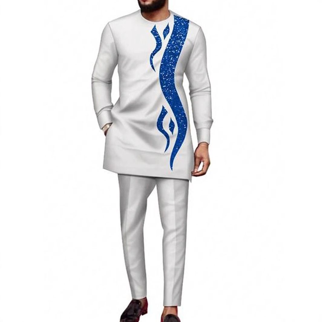 Men's African Ethnic Embroidered Casual Shirt & Pants Set - Breathable Polyester Blend, Long Sleeve Button Down & Straight Leg Trousers, S-XXL_viptrois.com